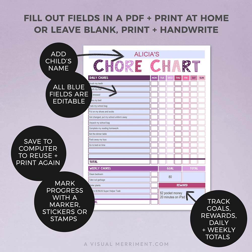 editable fields for purple pink editable printable chore chart