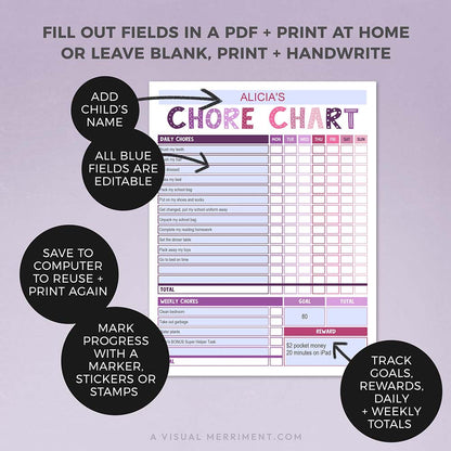 editable fields for purple pink editable printable chore chart