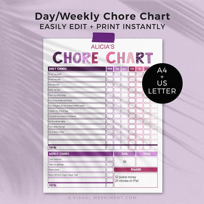 girls editable printable purple pink chore chart