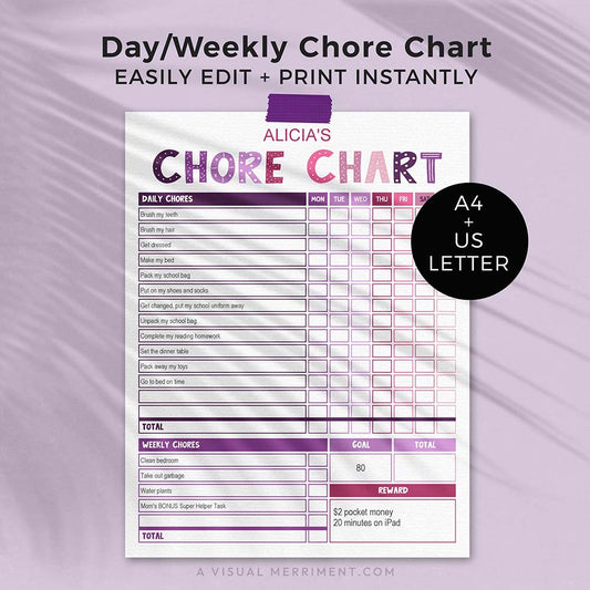 girls editable printable purple pink chore chart