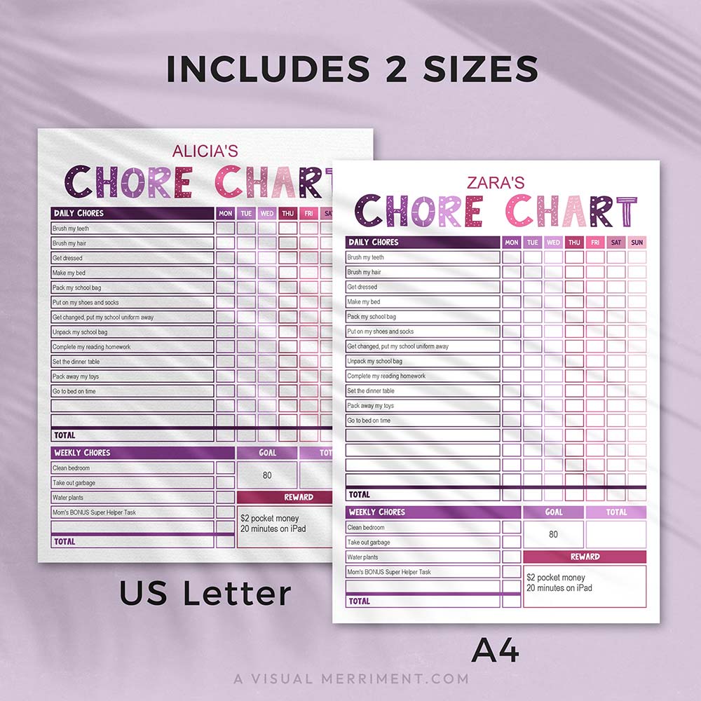 purple pink editable printable chore chart in 2 sizes - US letter and A4