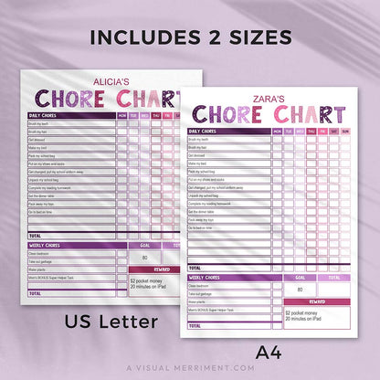 purple pink editable printable chore chart in 2 sizes - US letter and A4
