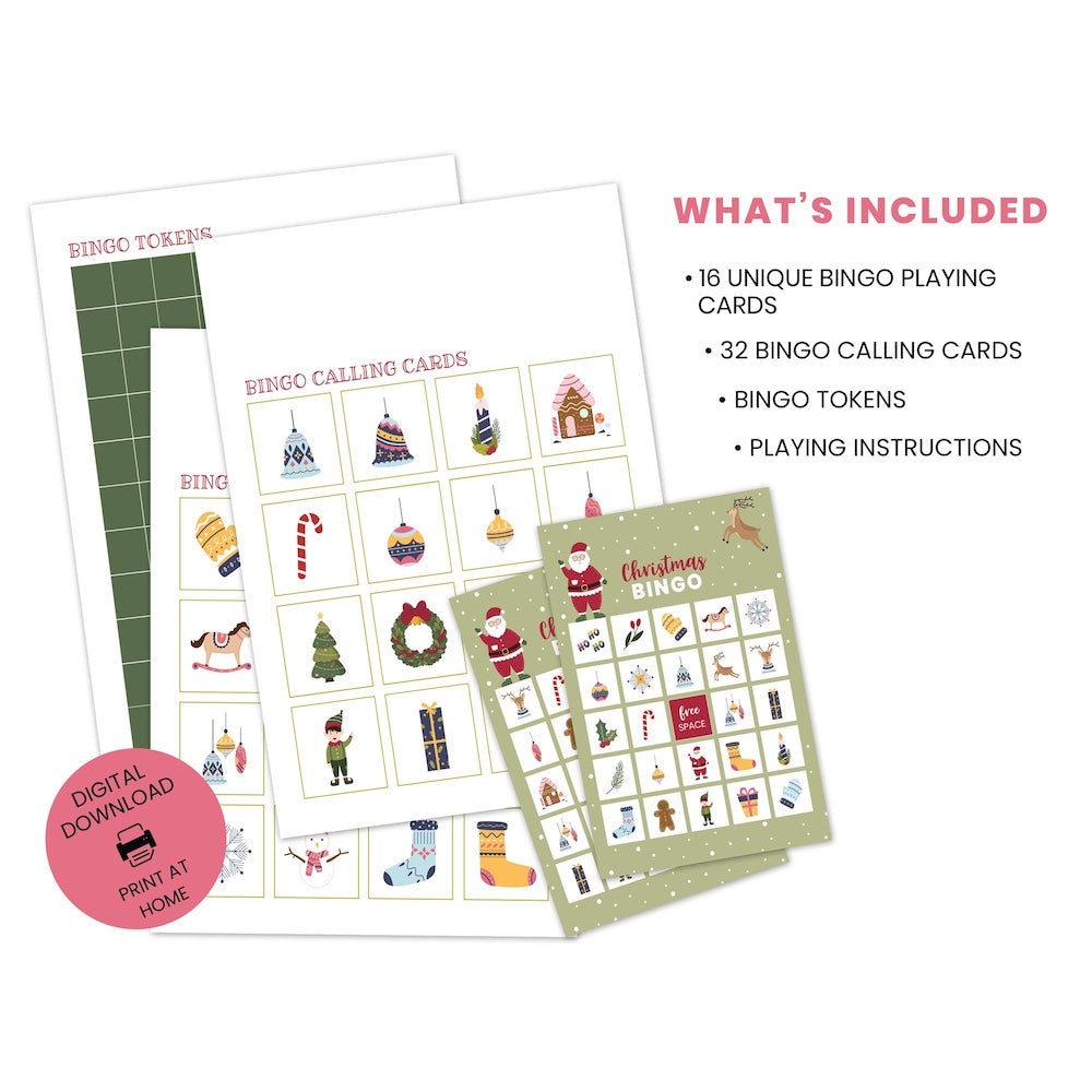Christmas-themed bingo cards with tokens and calling cards for 16 players