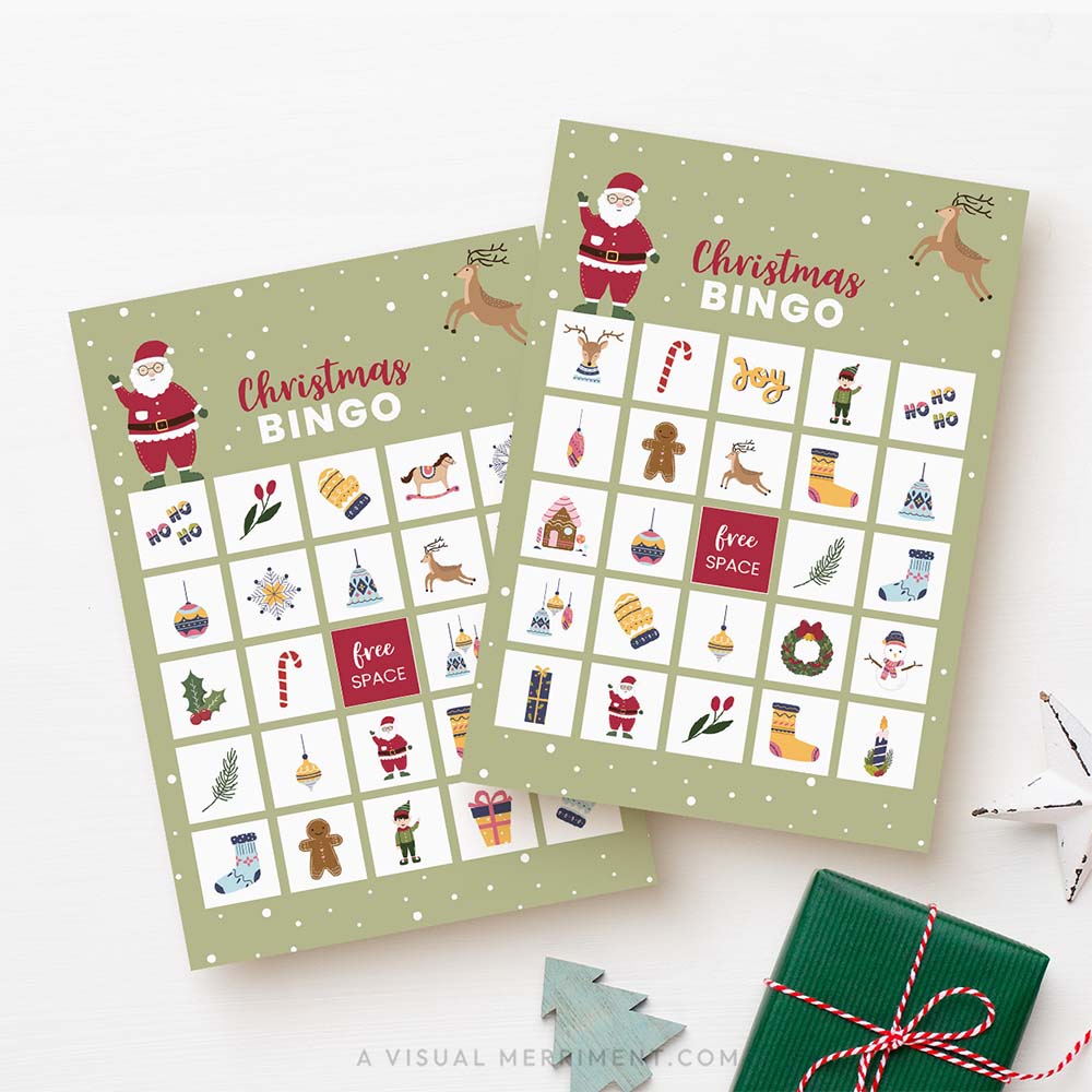 two printable christmas bingo game cards on white background with green gift