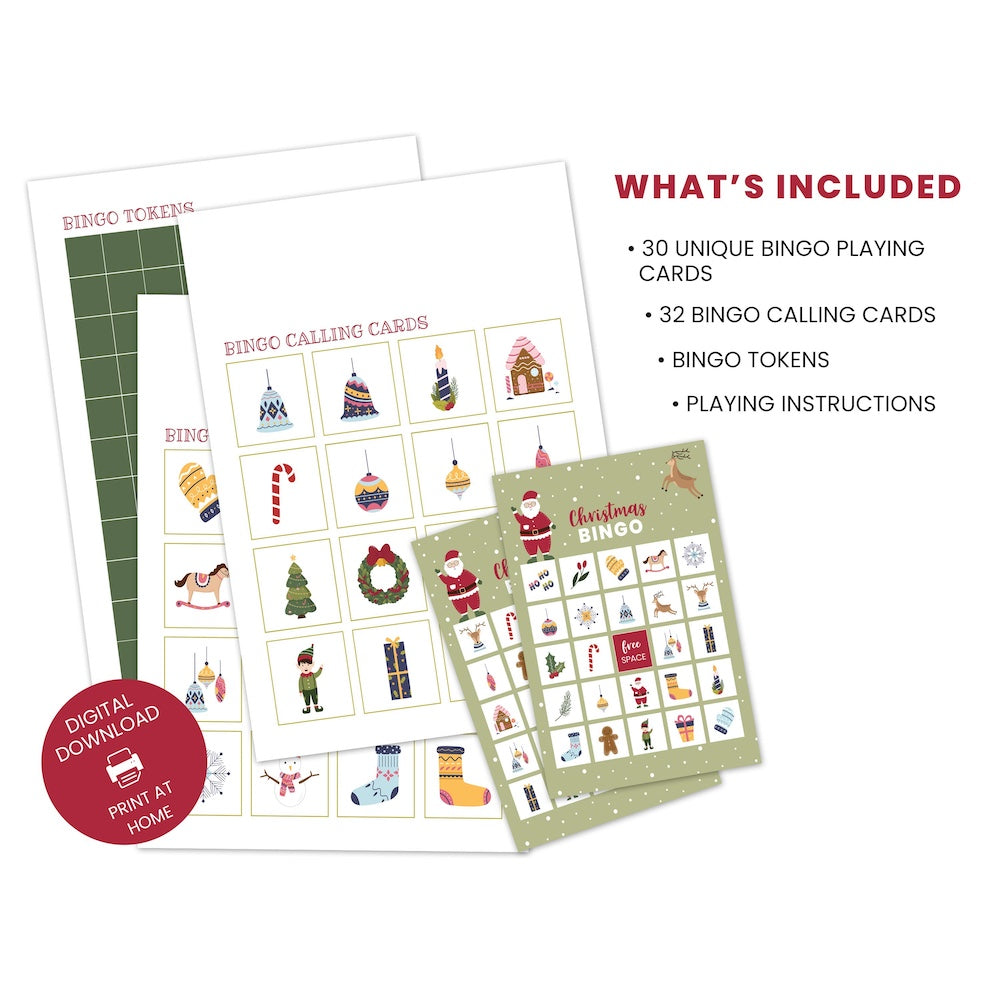 Christmas-themed bingo cards with tokens and calling cards on a white background