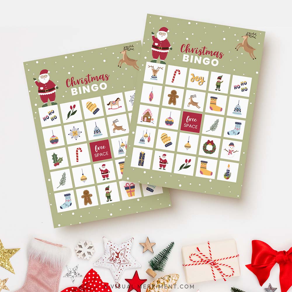 two printable christmas bingo game cards on white background with festive decorations