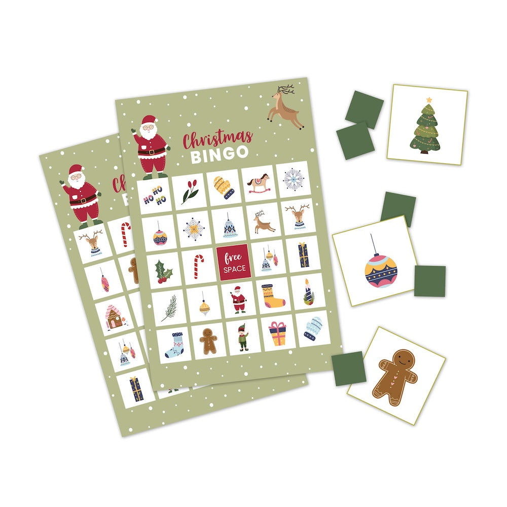 Christmas bingo game set with cards on a white background