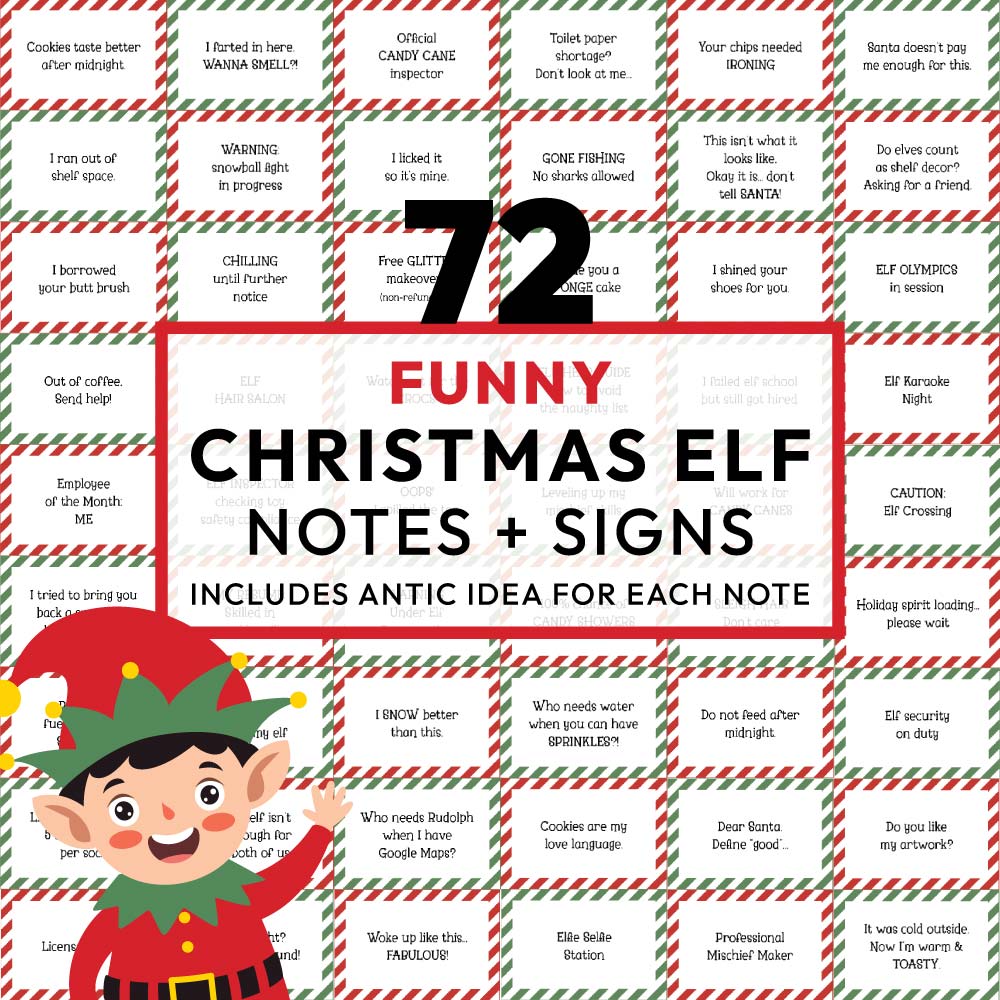 72 Funny elf on the shelf ideas signs graphic with red and green signs and elf illustration