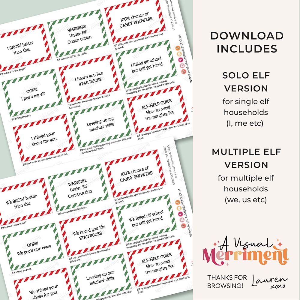 2 pages of printed funny elf on the shelf ideas signs with download inclusions text
