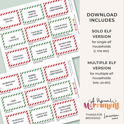 2 pages of printed funny elf on the shelf ideas signs with download inclusions text