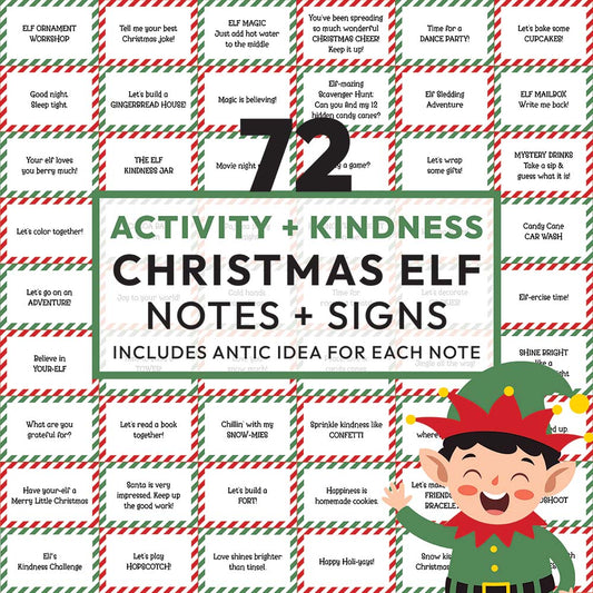 72 activity & kindness elf on the shelf ideas signs graphic with red and green signs and elf illustration