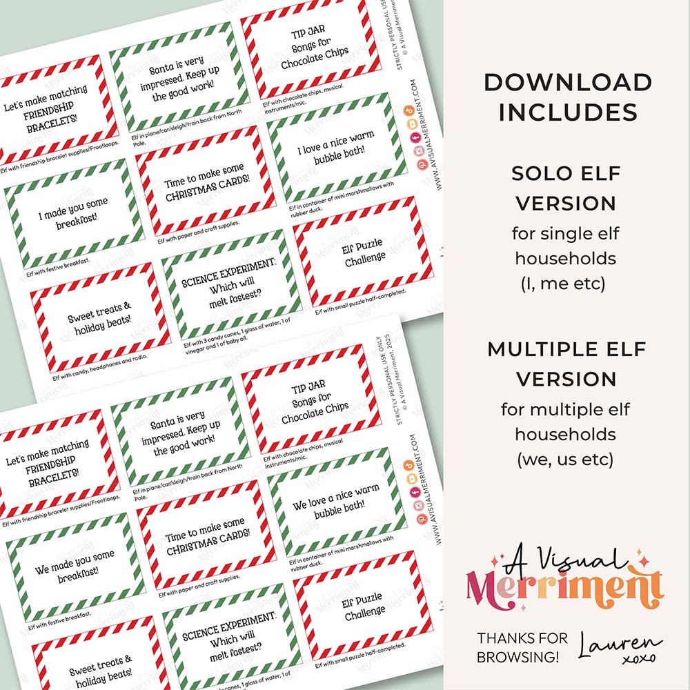 2 pages of printed activity & kindness elf on the shelf ideas signs with download inclusions text