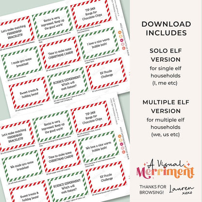 2 pages of printed activity & kindness elf on the shelf ideas signs with download inclusions text
