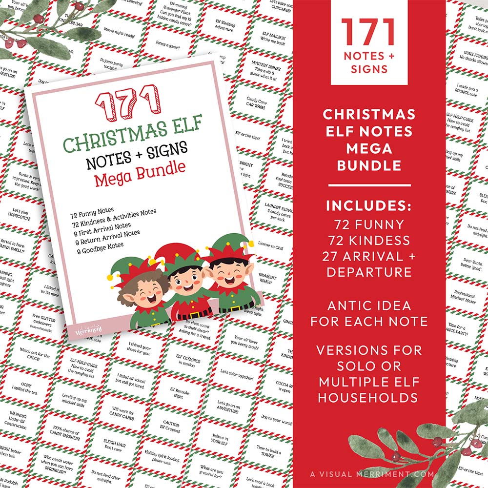 171 mega pack elf on the shelf ideas Notes + Signs graphic with red and green signs and elf illustrations