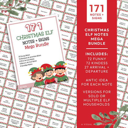 171 mega pack elf on the shelf ideas Notes + Signs graphic with red and green signs and elf illustrations
