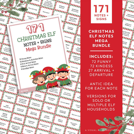 171 mega pack elf on the shelf ideas Notes + Signs graphic with red and green signs and elf illustrations