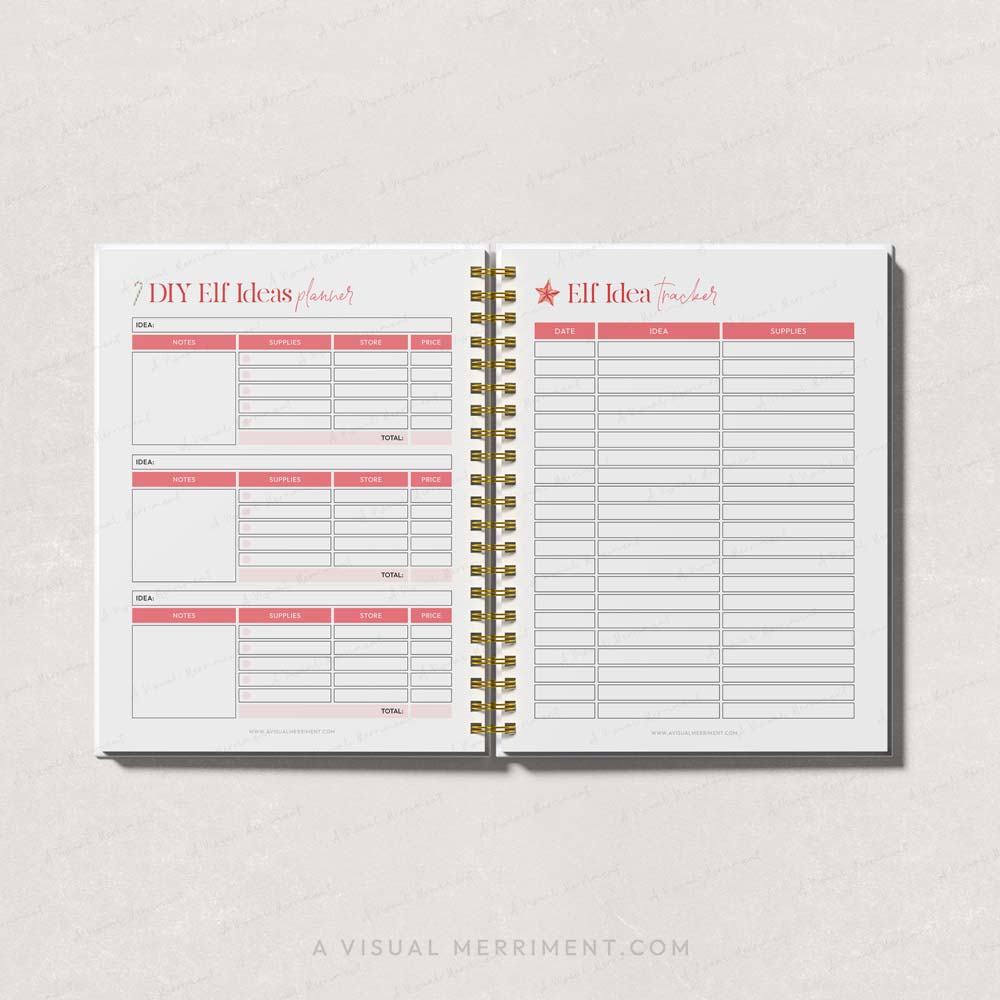 red elf on the shelf diy ideas and tracker pages open in binder