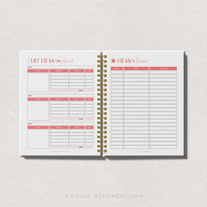 red elf on the shelf diy ideas and tracker pages open in binder