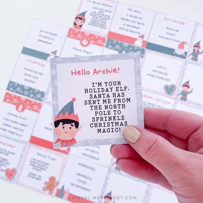 hand holding elf on the shelf arrival note with other christmas elf notes in background