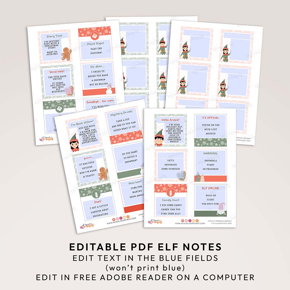 5 pages of editable Christmas elf notes with blue fields