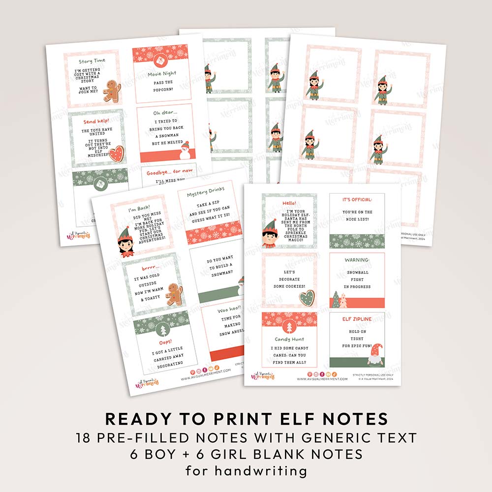5 pages of pre-filled and blank Christmas elf notes 
