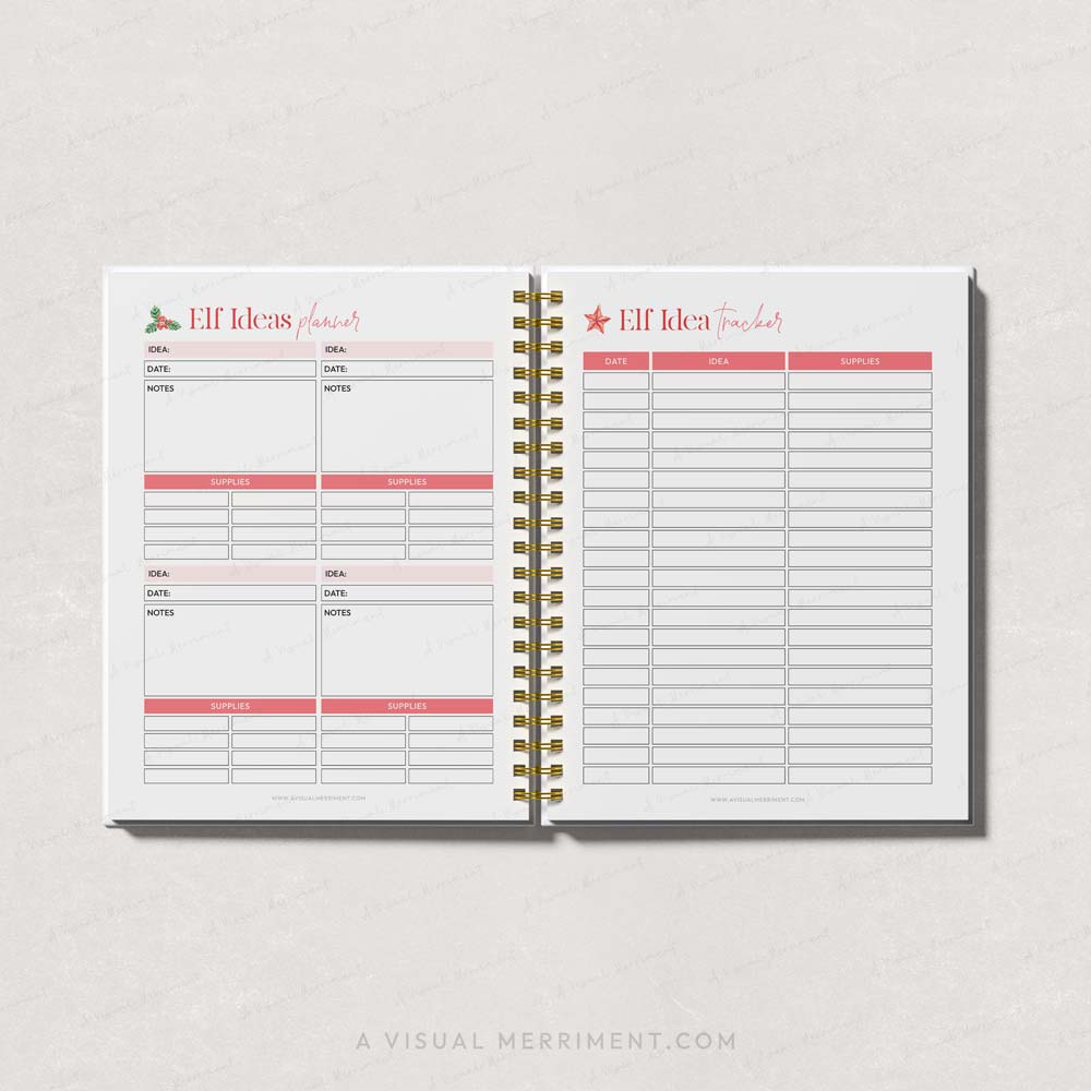 red elf on the shelf diy ideas and tracker pages open in binder