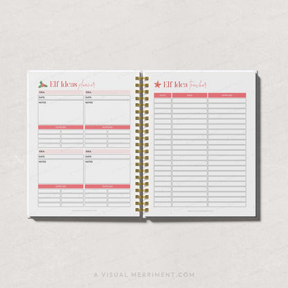 red elf on the shelf diy ideas and tracker pages open in binder
