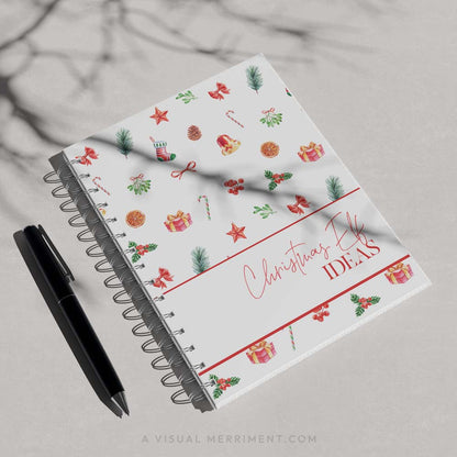 red christmas elf ideas planner cover page printed on spiral binder with black pen