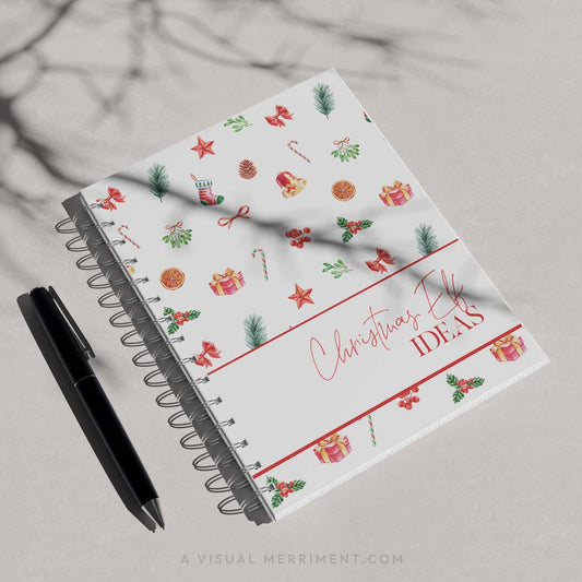 red christmas elf ideas planner cover page printed on spiral binder with black pen