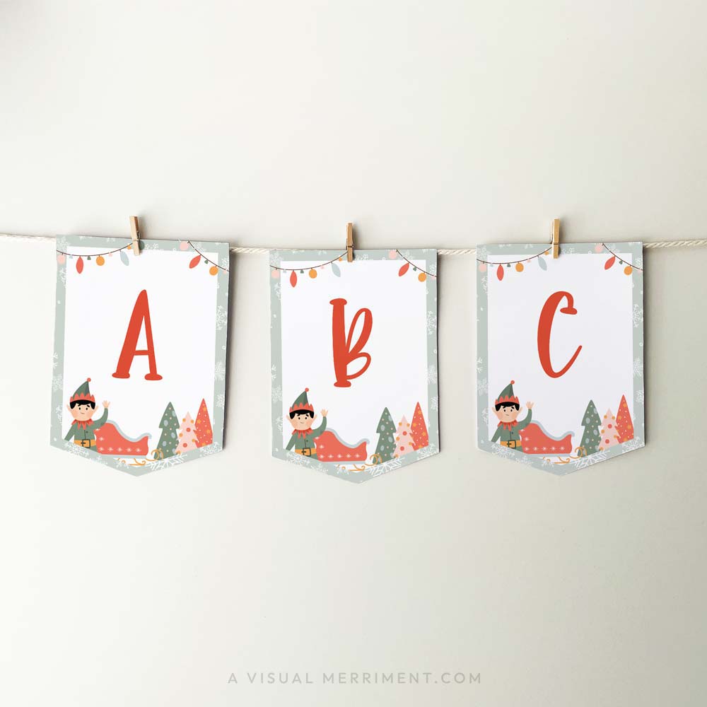 Hanging editable ABC elf on the shelf banner sign