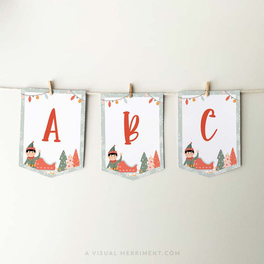 Hanging editable ABC elf on the shelf banner sign