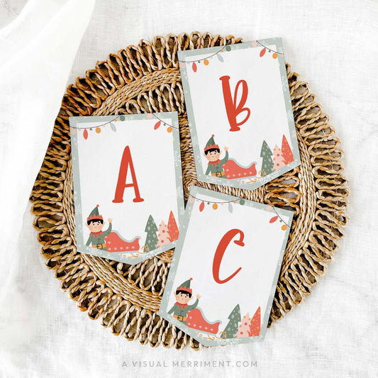 Printed ABC elf on the shelf banner sign laying on mat