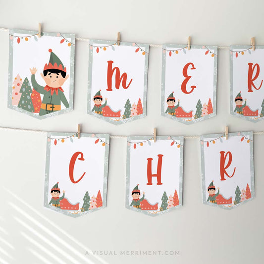 hanging merry christmas elf on the shelf banner sign printable