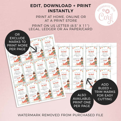 2 sheets of printed christmas elf return tags with features