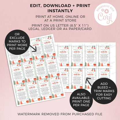 2 printed pages of christmas elf hot chocolate bomb tags with features