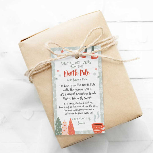 editable christmas elf hot chocolate bomb instructions gift tag on wrapped gift