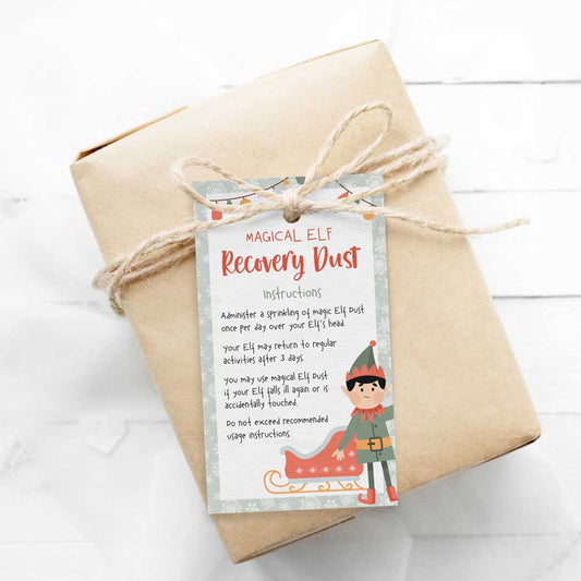 Printable elf on the shelf magic recovery dust gift tag on wrapped gift