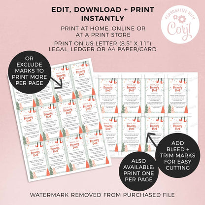 2 sheets of printed christmas elf recovery dust tags with features and instructions