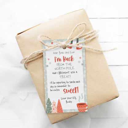 Printable elf on the shelf i’m back with a treat gift tag on wrapped gift