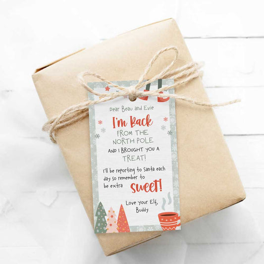 Printable elf on the shelf i’m back with a treat gift tag on wrapped gift