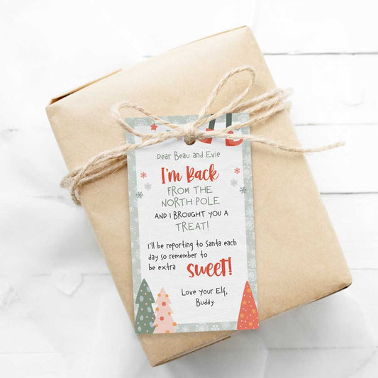 Printable elf on the shelf i’m back christmas trees gift tag on wrapped gift