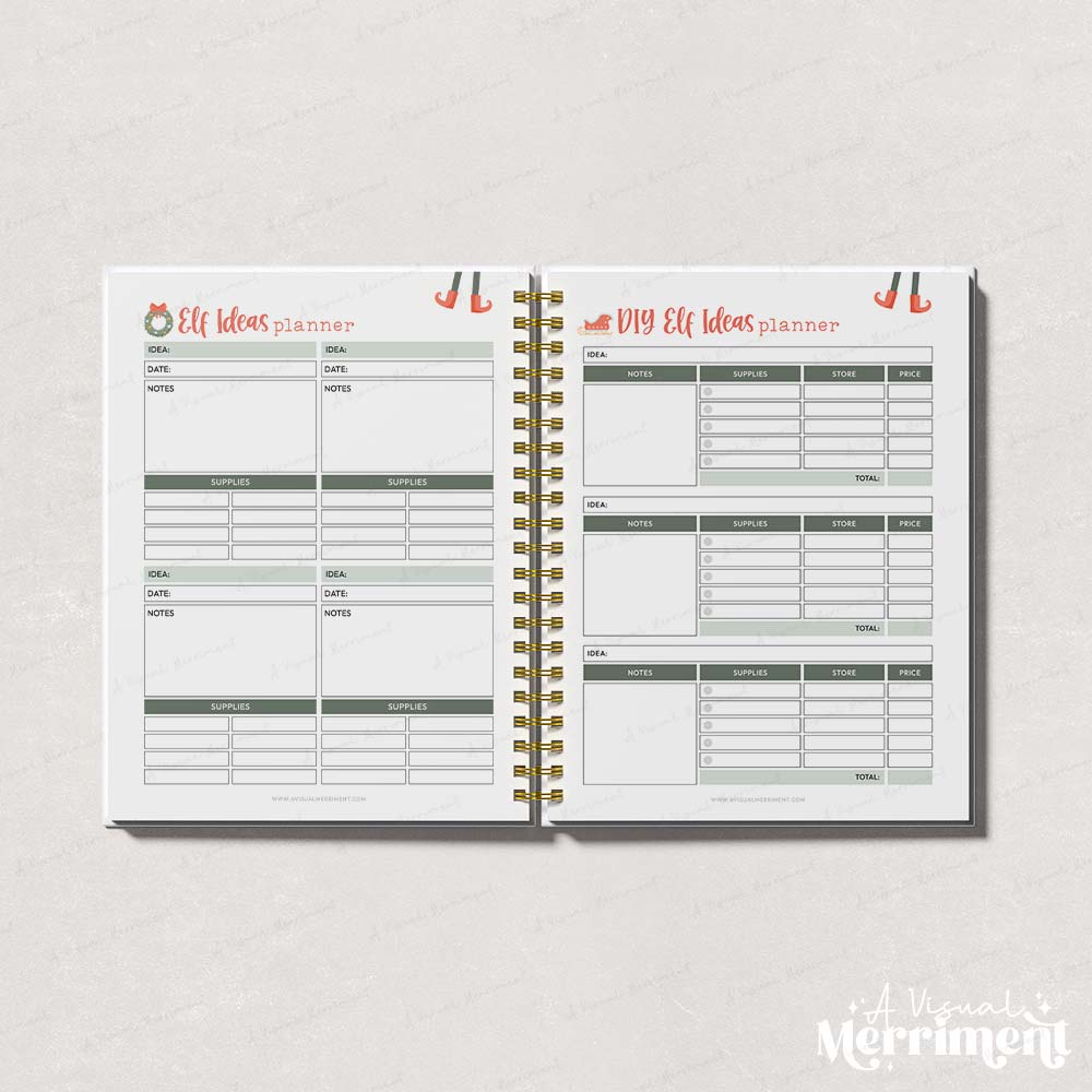 green elf on the shelf ideas and diy ideas pages open in binder