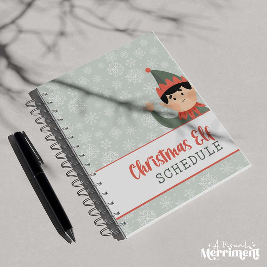green christmas elf schedule cover page printed on spiral binder with black pen
