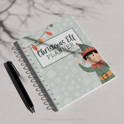 green christmas elf planner cover page printed on spiral binder with black pen