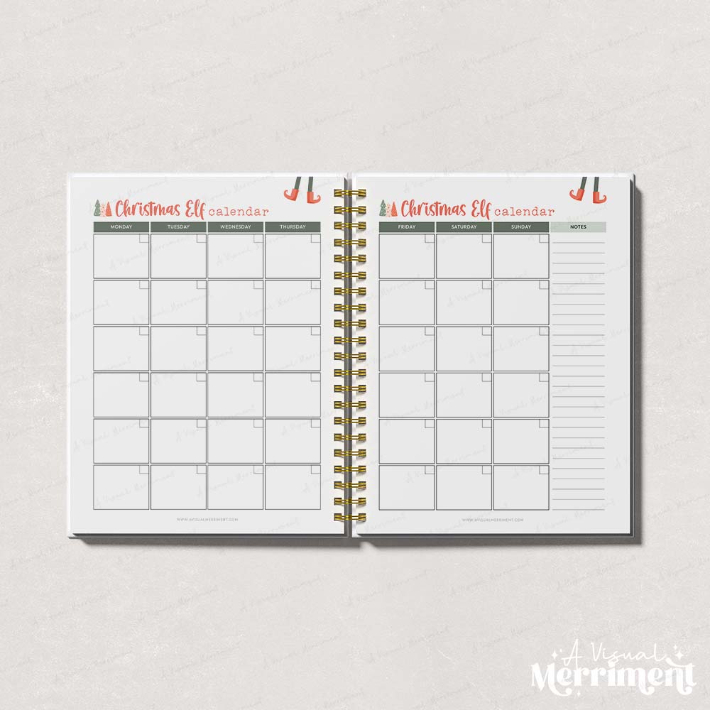 green elf on the shelf calendar pages open in binder
