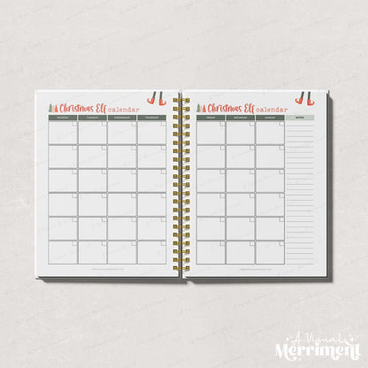 green elf on the shelf calendar pages open in binder