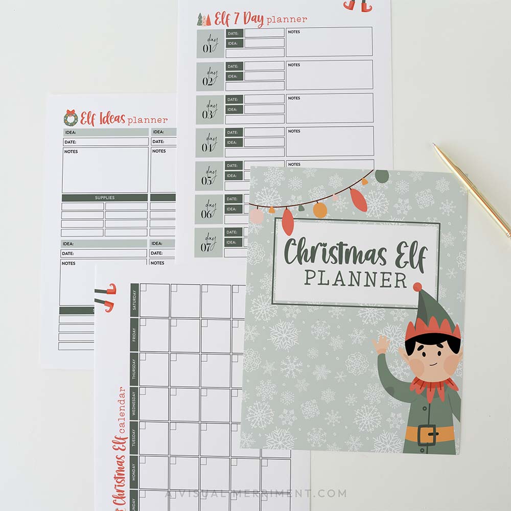 green christmas elf planner bundle pages laid out with gold pen
