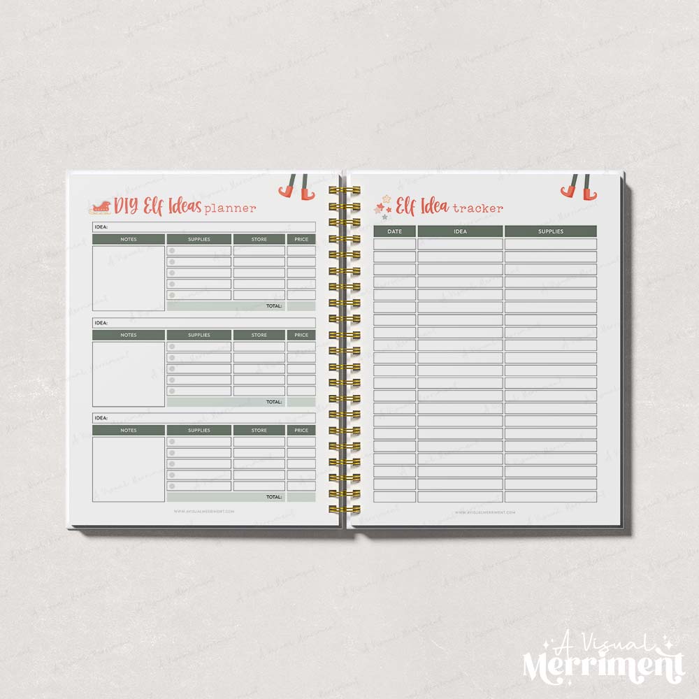 green elf on the shelf diy ideas and tracker pages open in binder