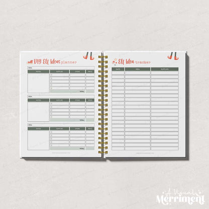 green elf on the shelf diy ideas and tracker pages open in binder