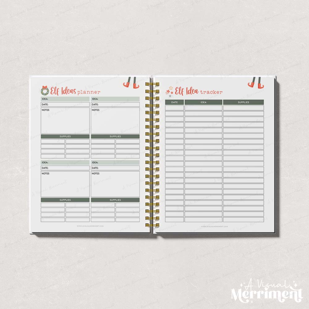 green elf on the shelf ideas and tracker pages open in binder